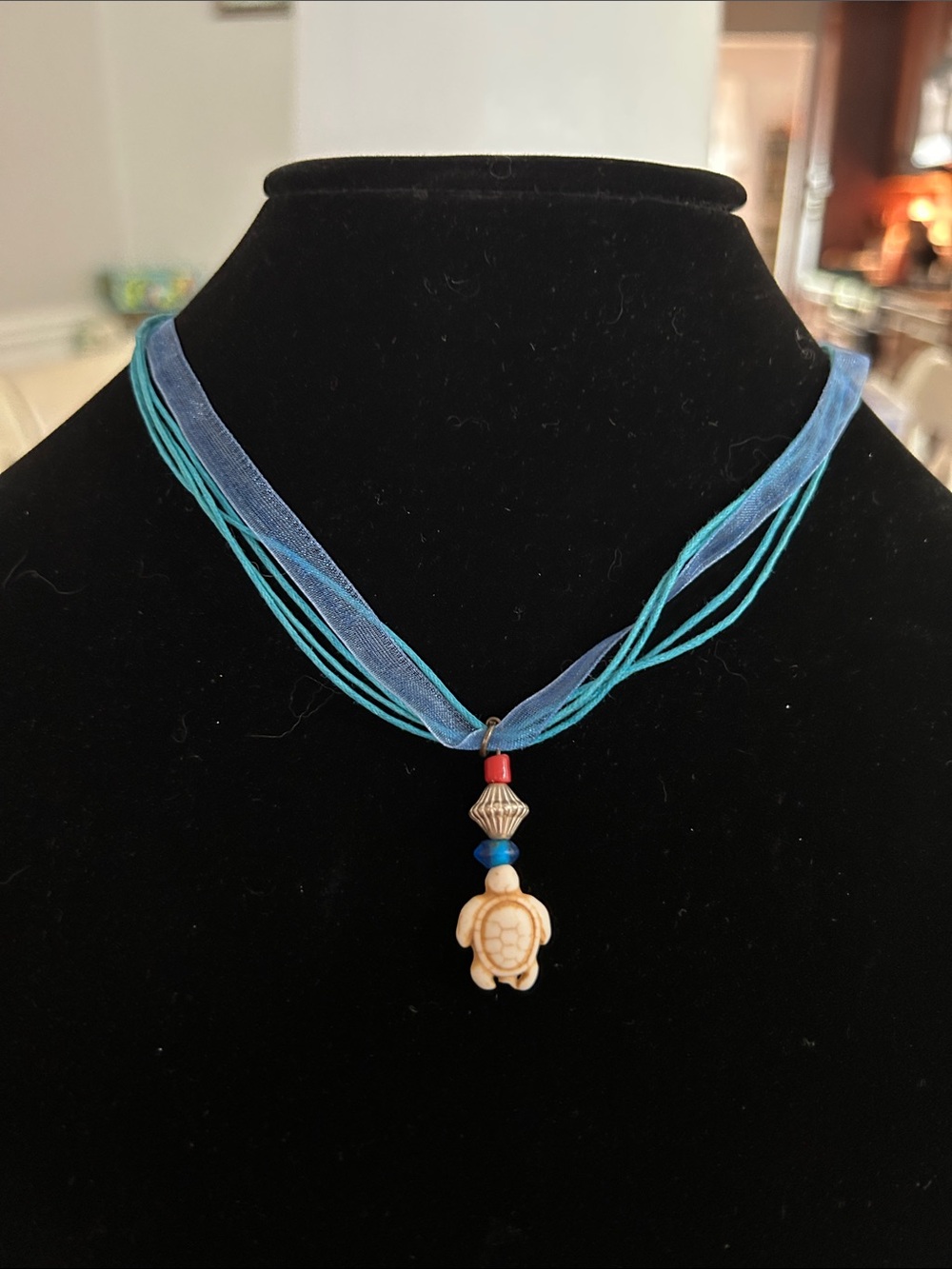 Blue and Turquoise Multi-Strand Necklace with Turtle Charm